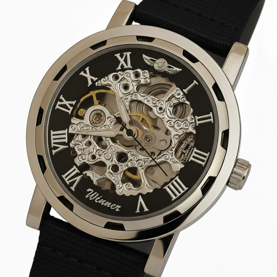 Чоловічий механічний годинник Winner Black Textile Classic, 2 ремінці